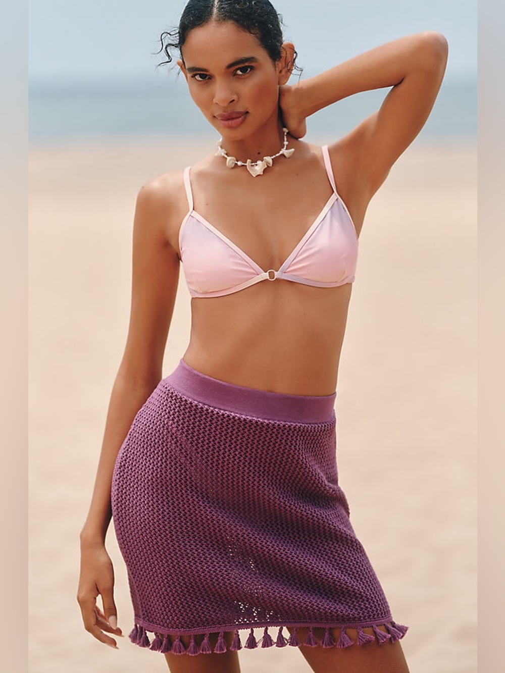 Anthropologie Celandine Crochet Tassel Mini Skirt in Magenta
